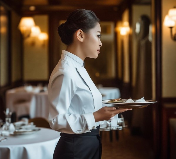 从镜头中展现酒店餐饮服务员的专业风采，服务者的形象令人敬佩。